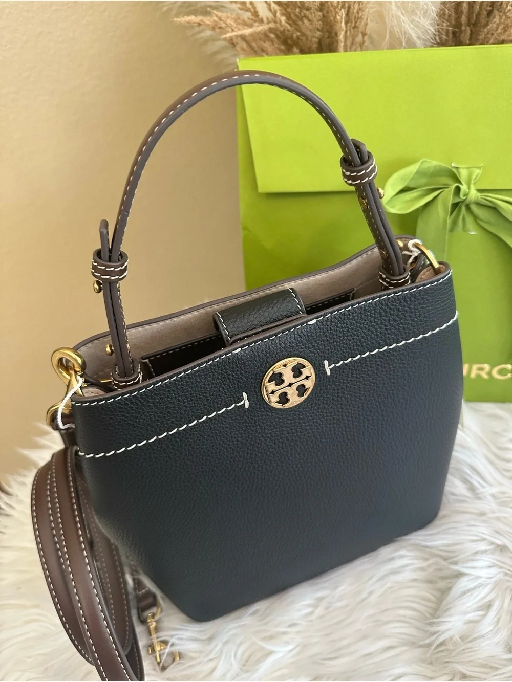 Tory Burch Black Leather Bucket Shoulder Bag with Gold Logo